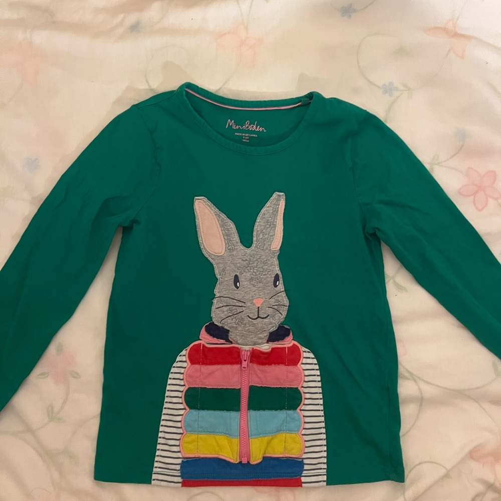 Mini Boden Teal Long-Sleeve Top with Colorful Bunny Appliqué